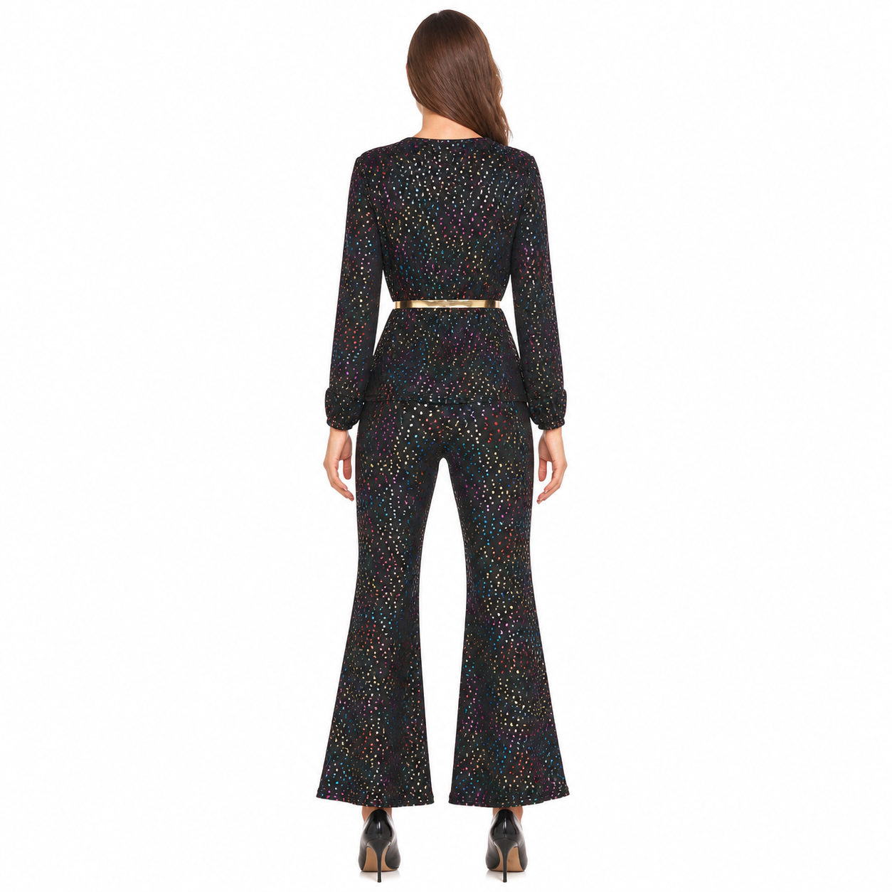 Sequined Jumpsuit with Flared Legs and a V-Neck