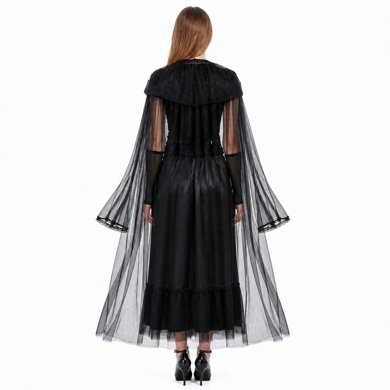 Black Halloween Vampire Dress with Cape back view