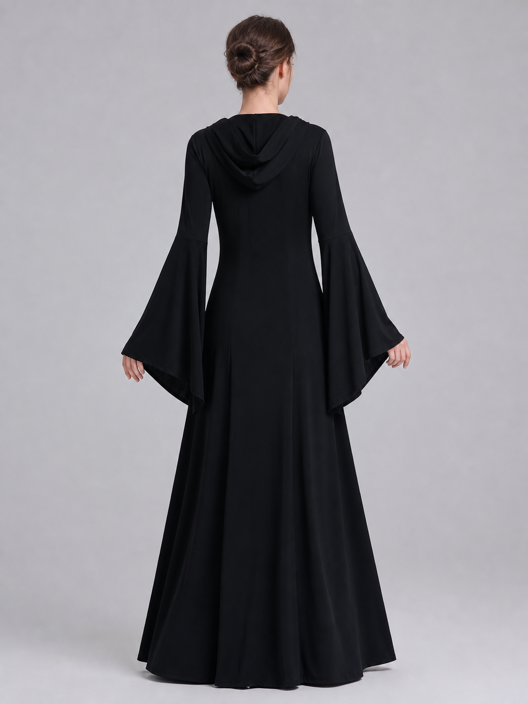 Gothic Long Hooded Dress with Lace-Up Detail back view