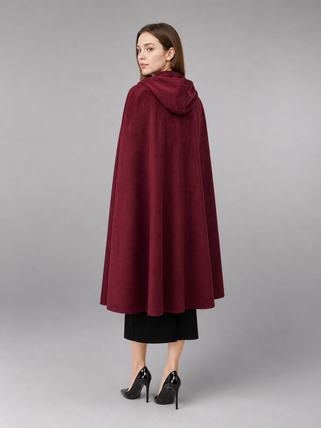 Long burgundy carnival cloak with hood