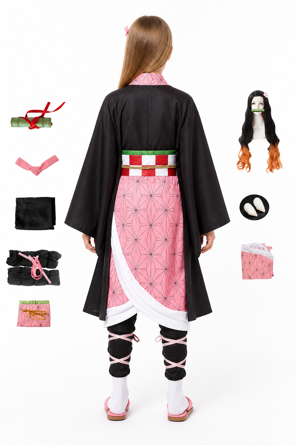 Kamado Nezuko Cosplay Costume with Cape and Wig back view