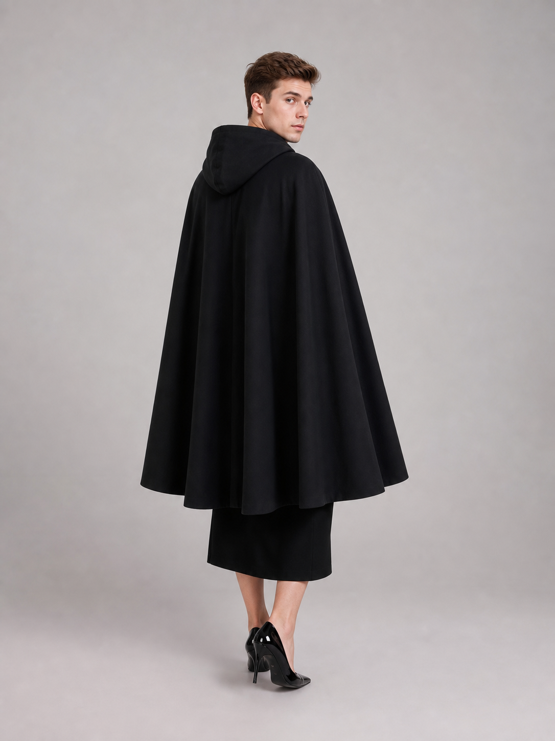 Long black hooded carnival cloak