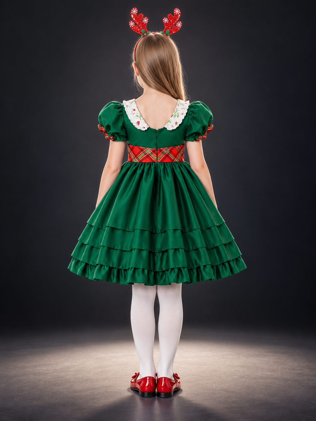 Dressy Dark Green Dress with Plaid Bow and Headband