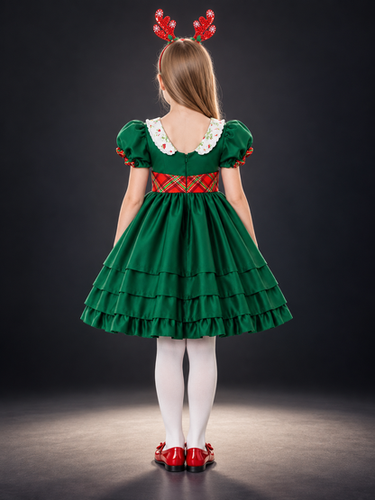 Dressy Dark Green Dress with Plaid Bow and Headband