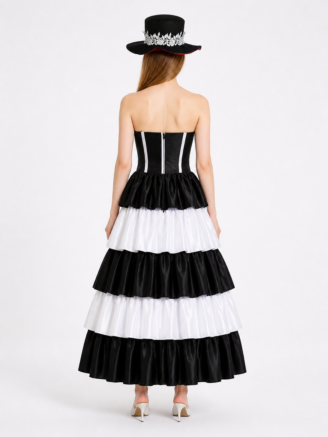 Gothic-Style Dress with Layered Skirt and Hat back view