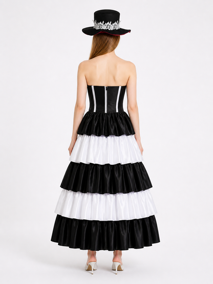 Gothic-Style Dress with Layered Skirt and Hat back view