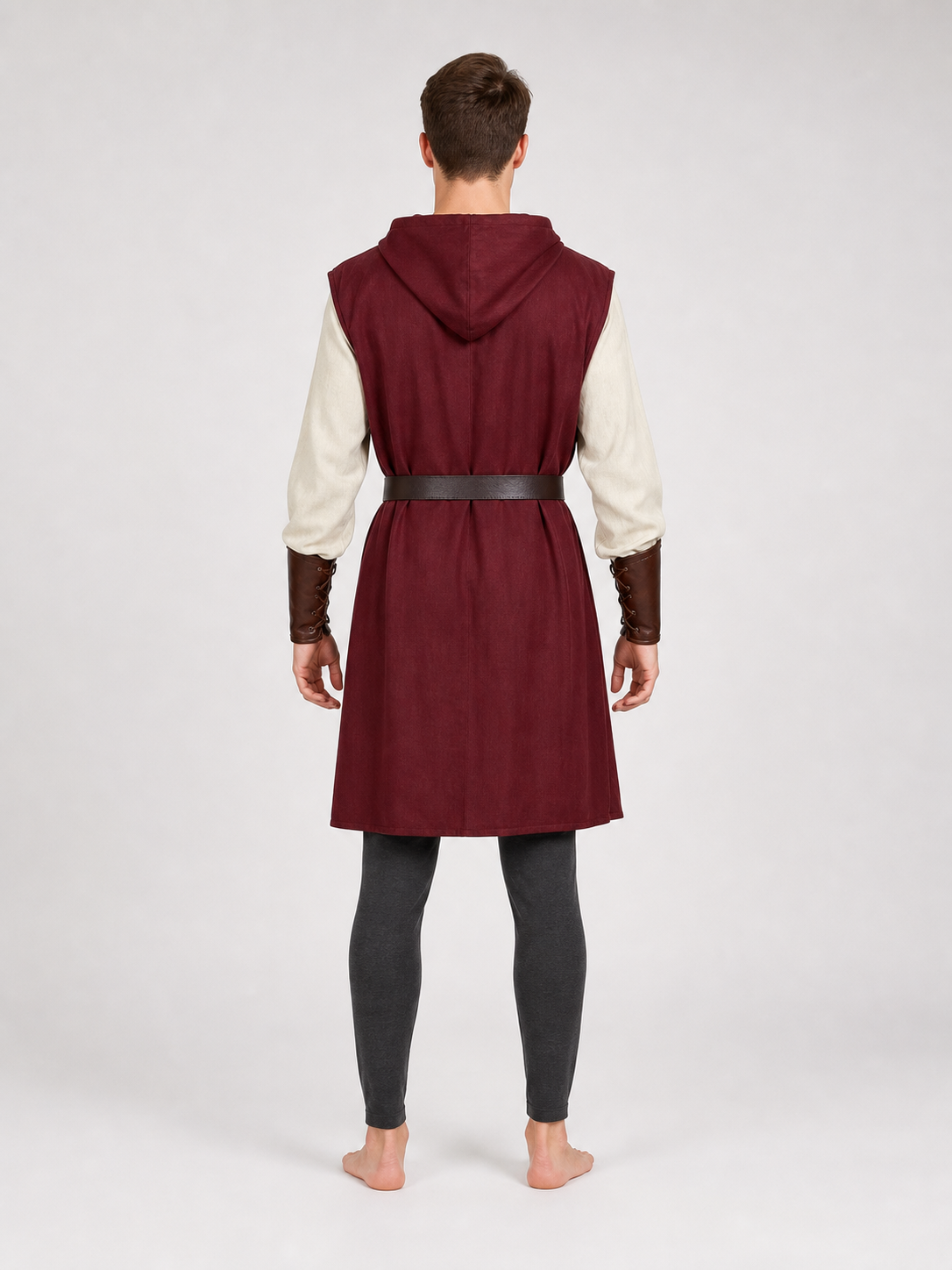 Adult Medieval Fantasy Hooded Cape, Wine Red Sleeveless Long Split-Hem Cloak