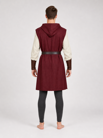 Adult Medieval Fantasy Hooded Cape, Wine Red Sleeveless Long Split-Hem Cloak