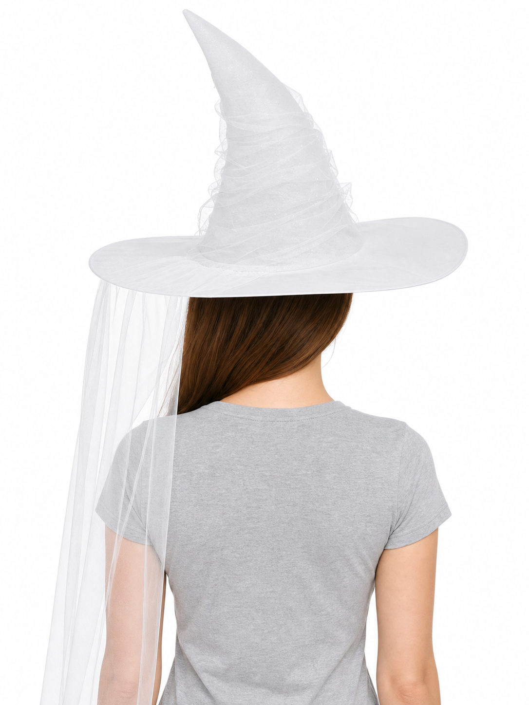 White Halloween Witch Hat With Attached Sheer Veil, Tall Curved Pointed Crown And Wide Floppy Brim For Cosplay Costume Party