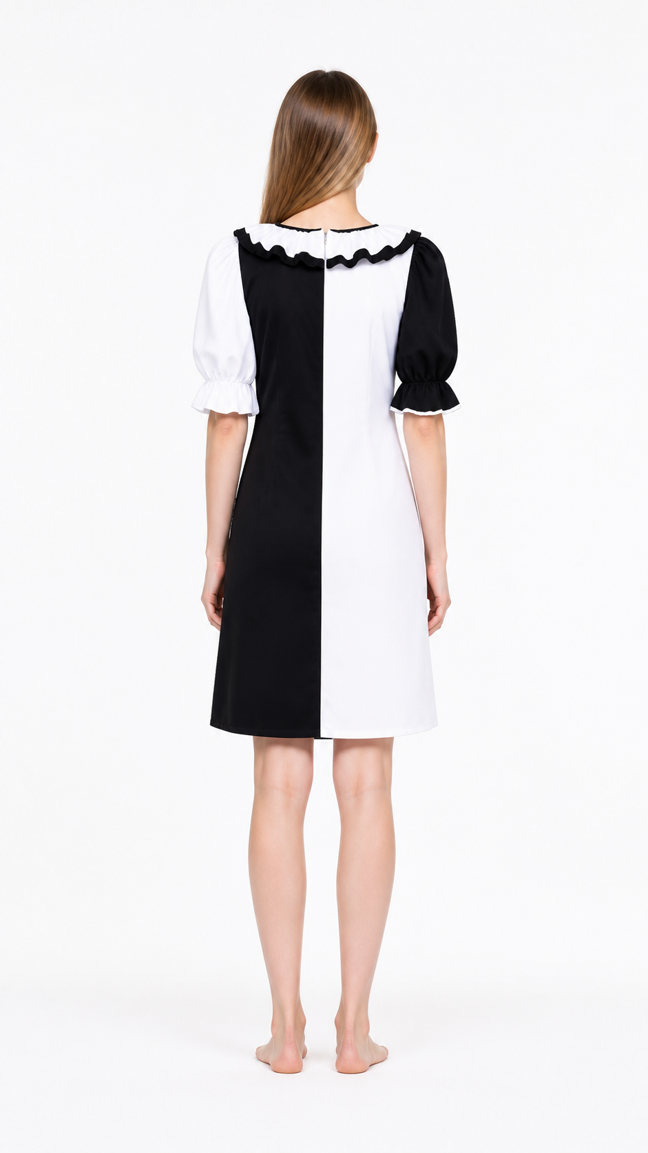 Short Black-and-White Clown Dress with Ruffles back view