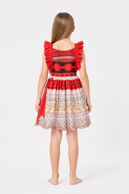 Children’s costume dress with a print and ruffles back view