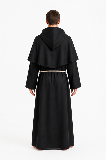 Black Robe with Pointed Hood and Belt for Cosplay back view