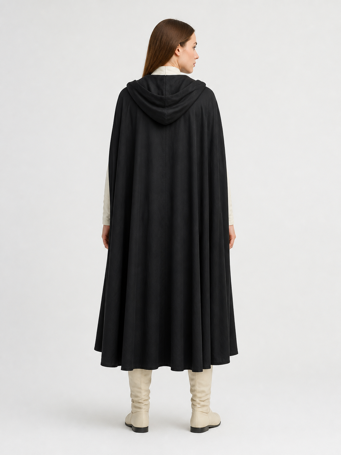 Black Long Hooded Cotton-Linen Cloak back view 3