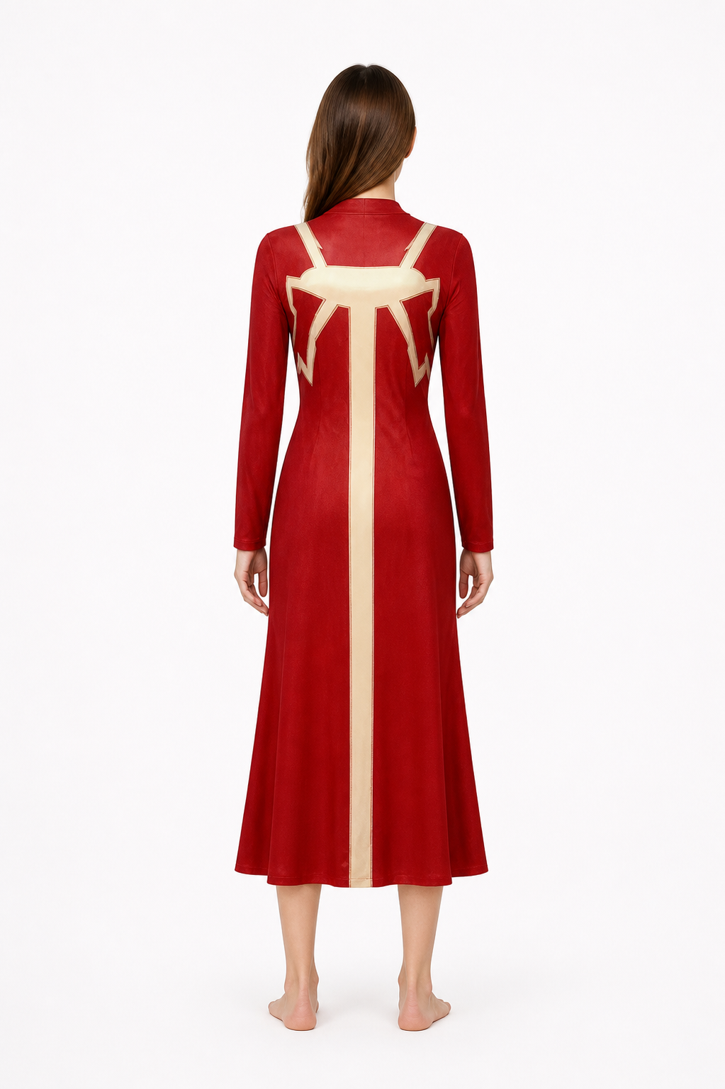Red Madame Web Cosplay Dress with Patterned Detailing back view