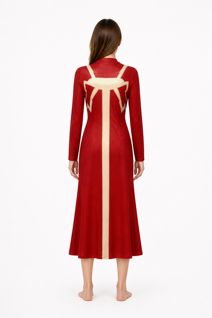 Red Madame Web Cosplay Dress with Patterned Detailing back view