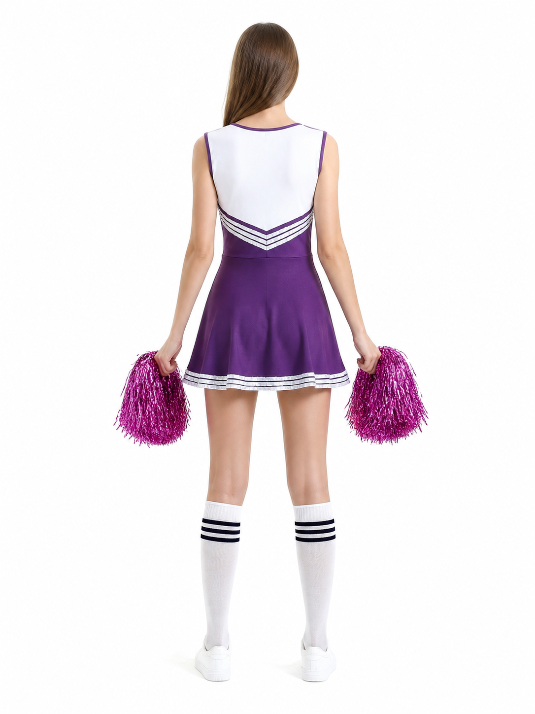 Cheerleading Costume with Pom-Poms and Knee-High Socks back view