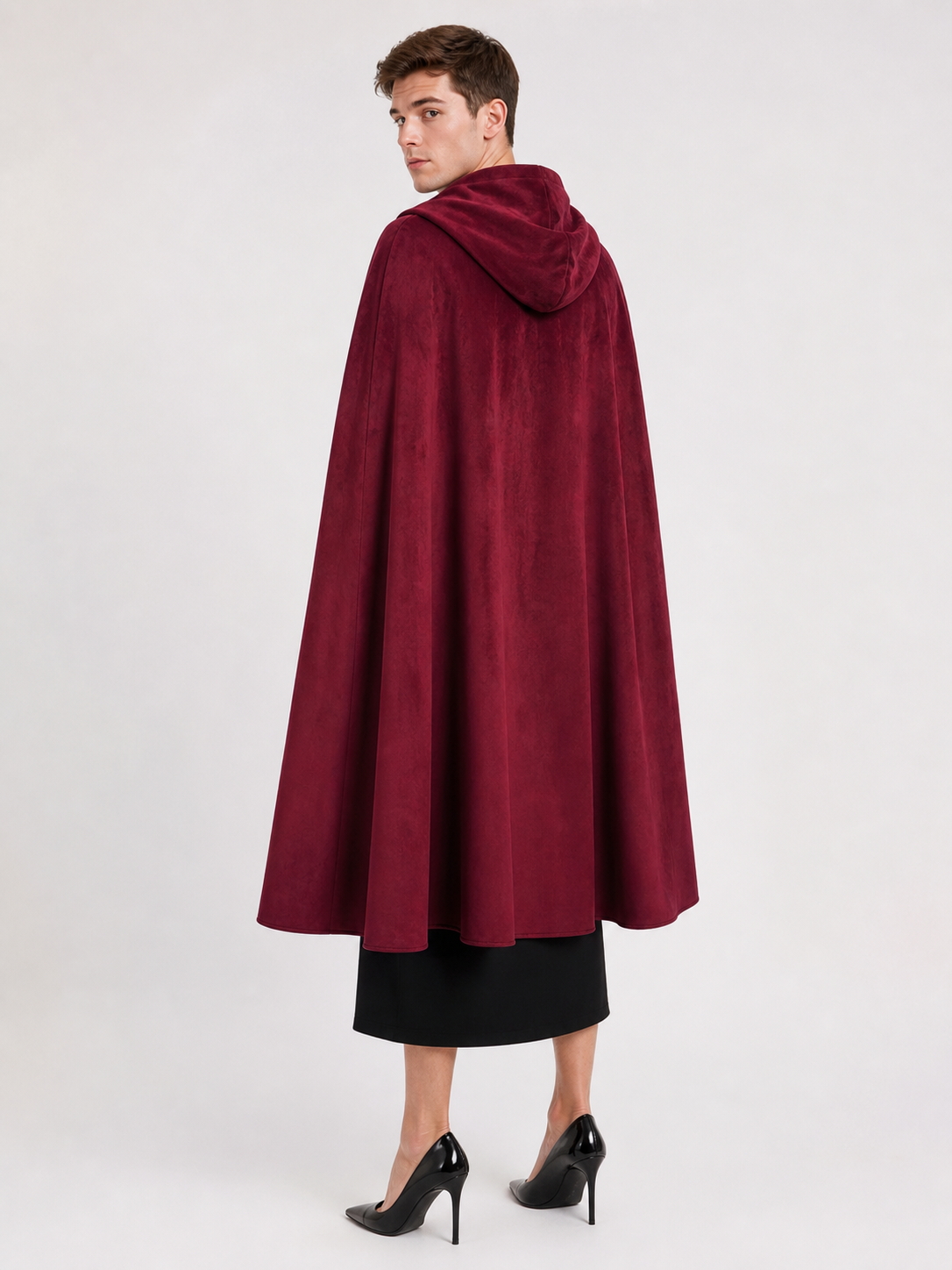 Long burgundy carnival cloak with hood
