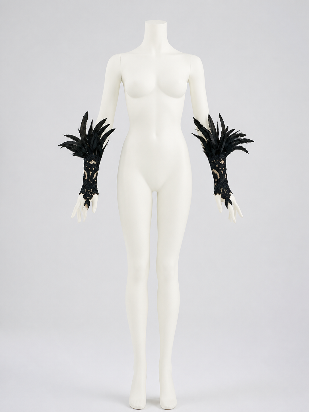 Black Lace Carnival Gloves with Feathers, Pair