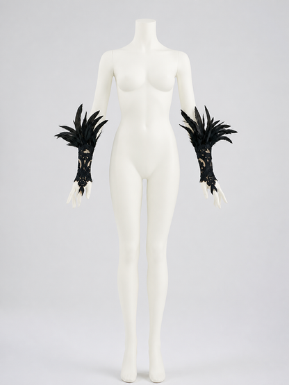 Black Lace Carnival Gloves with Feathers, Pair