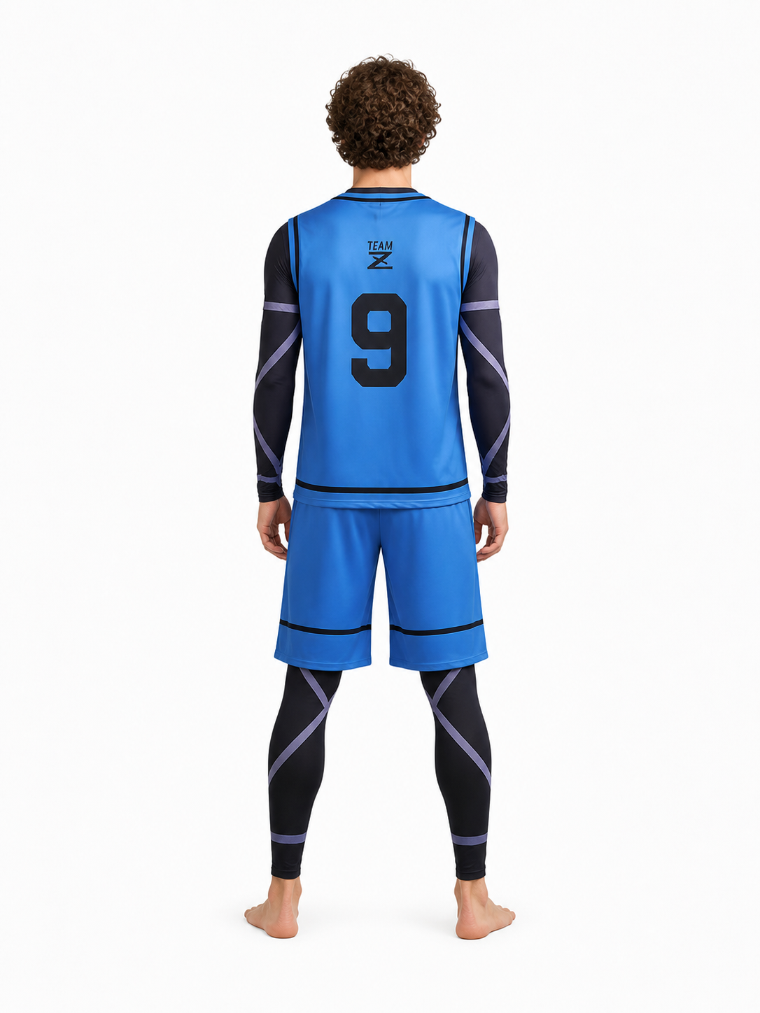 Blue Striped Soccer Cosplay Costume, Number 9 back view
