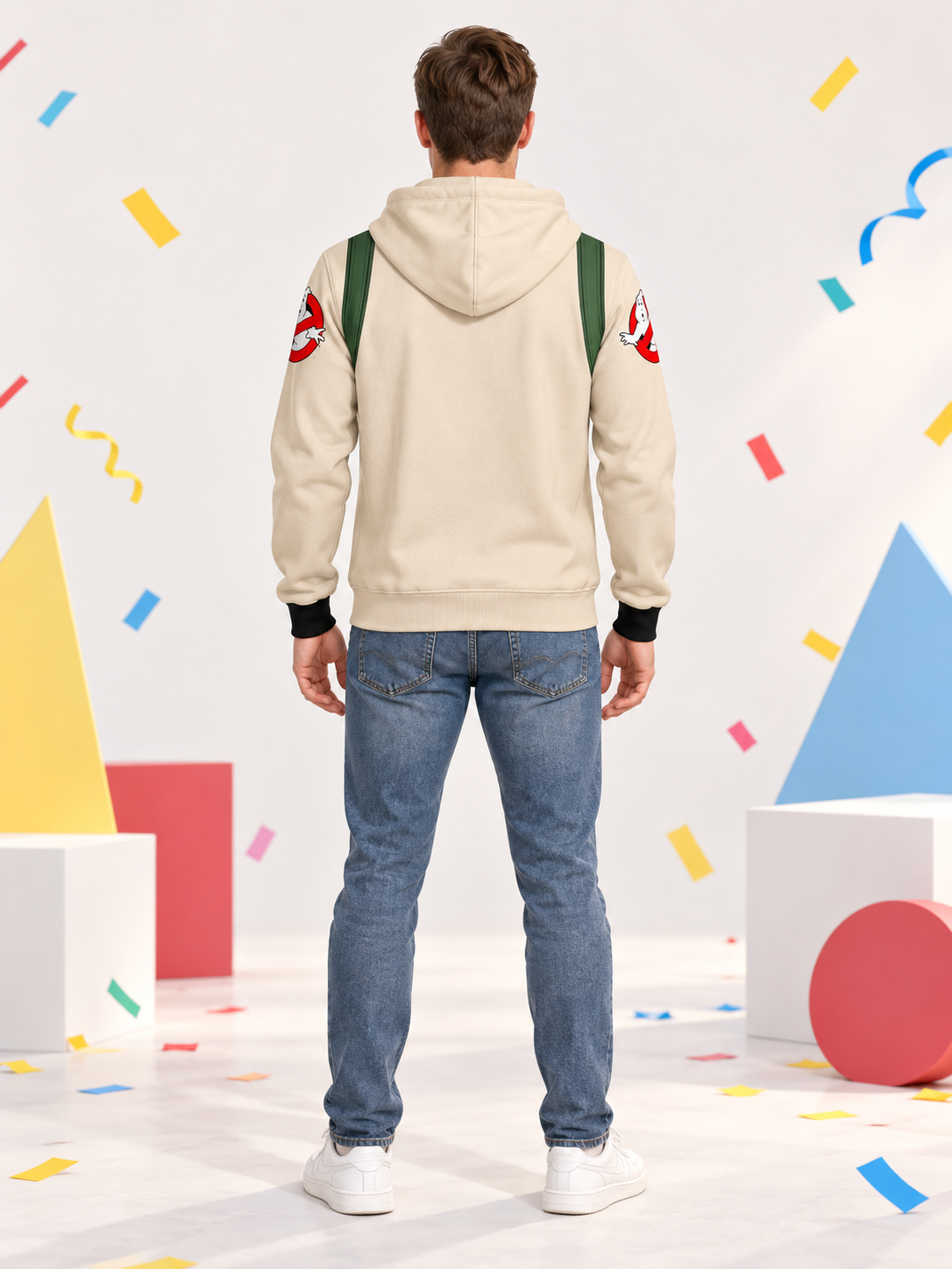Beige Cosplay Hoodie with Zipper, Hood, and Patches
