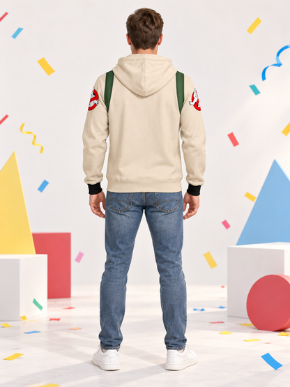 Beige Cosplay Hoodie with Zipper, Hood, and Patches