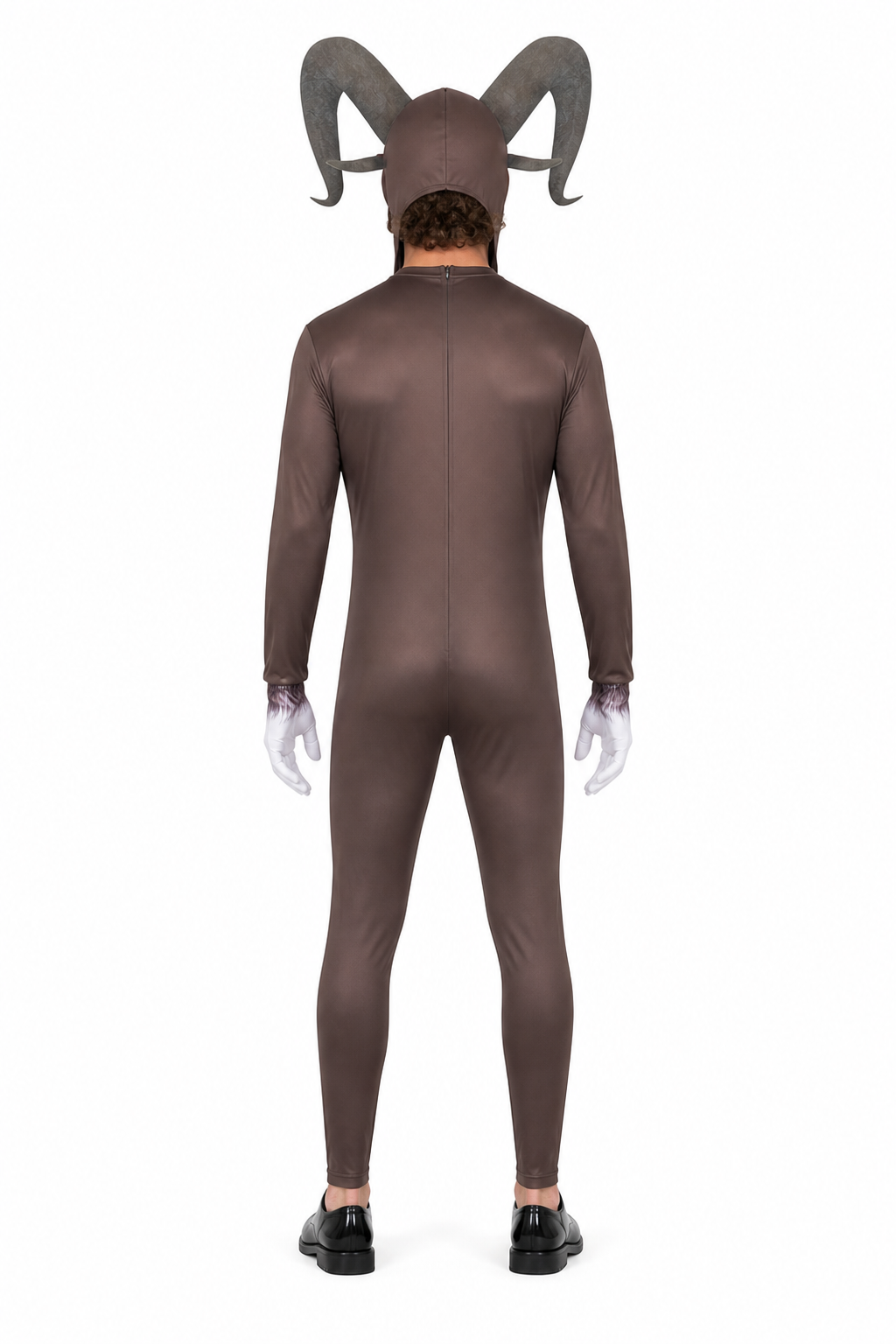 Monster Goat Costume with Horns, Brown Jumpsuit back view