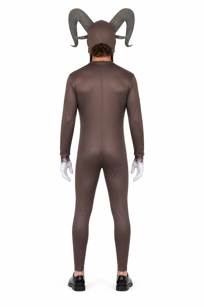Monster Goat Costume with Horns, Brown Jumpsuit back view