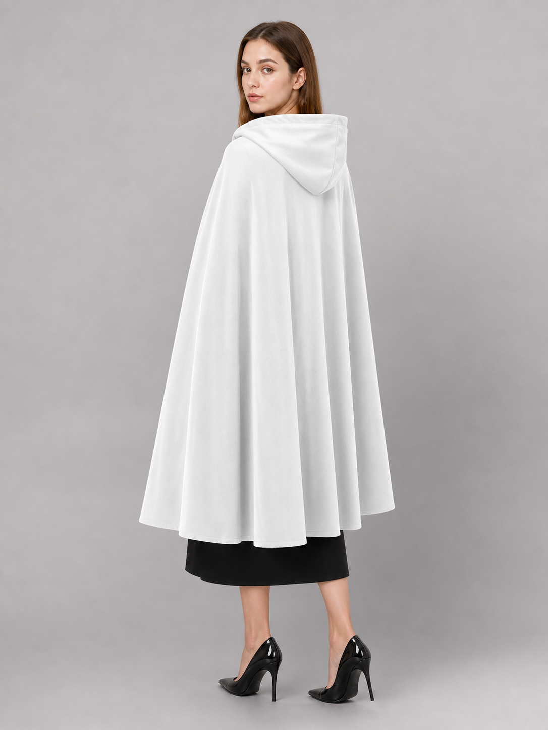 Medieval White Velvet Hooded Long Cloak Cape with Black Bow Tie Front Flared Hem back view 2