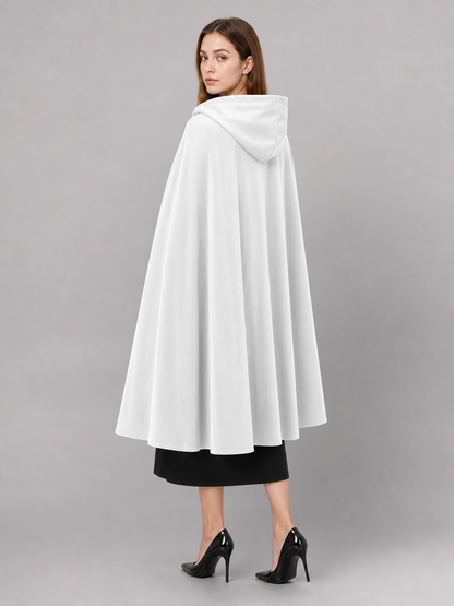 Medieval White Velvet Hooded Long Cloak Cape with Black Bow Tie Front Flared Hem back view 2