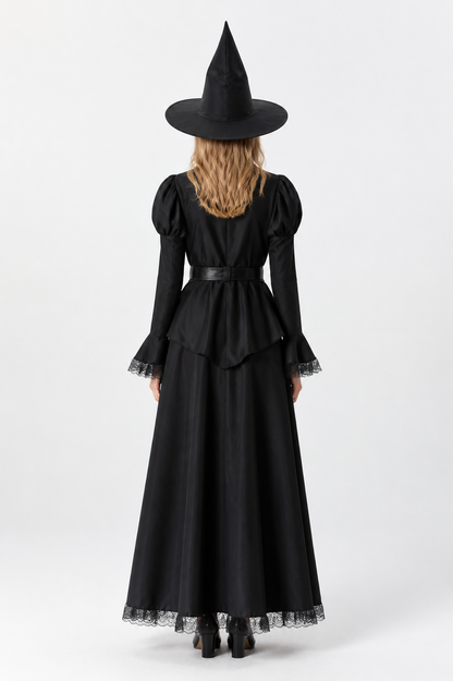 Witch costume with a black lace dress and hat back view