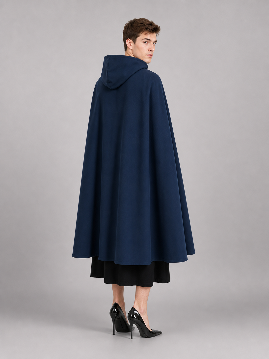 Halloween Costume Women Medieval Hooded Cape, Dark Blue Long with Front Clasp