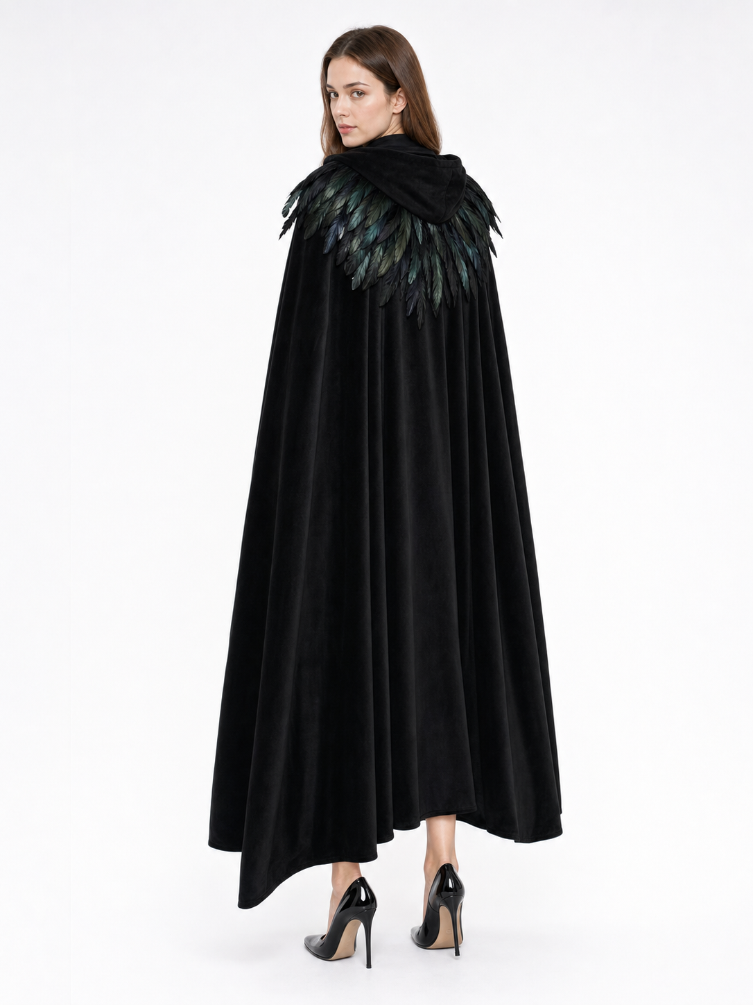 Black Velvet Hooded Cape with Feathers