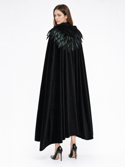 Black Velvet Hooded Cape with Feathers