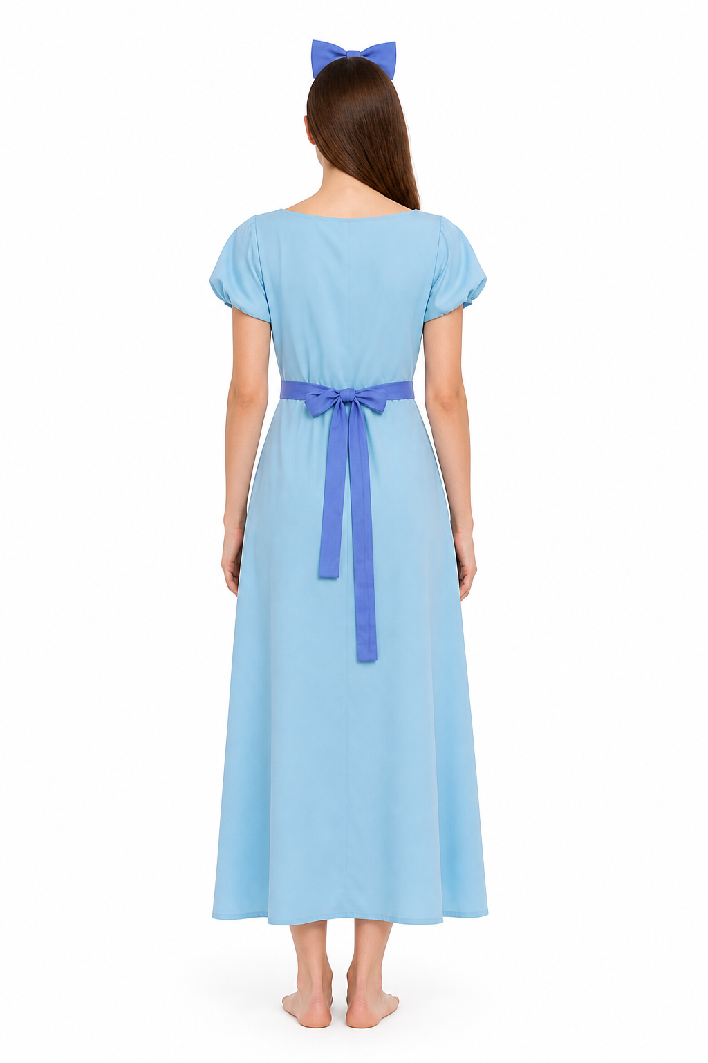 Long Light Blue Dress with Belt and Ties back view