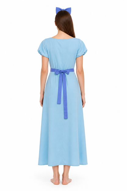 Long Light Blue Dress with Belt and Ties back view