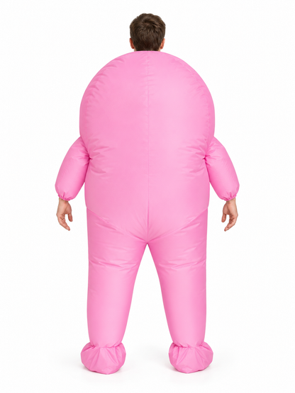 Pink inflatable costume with oval window and black trim