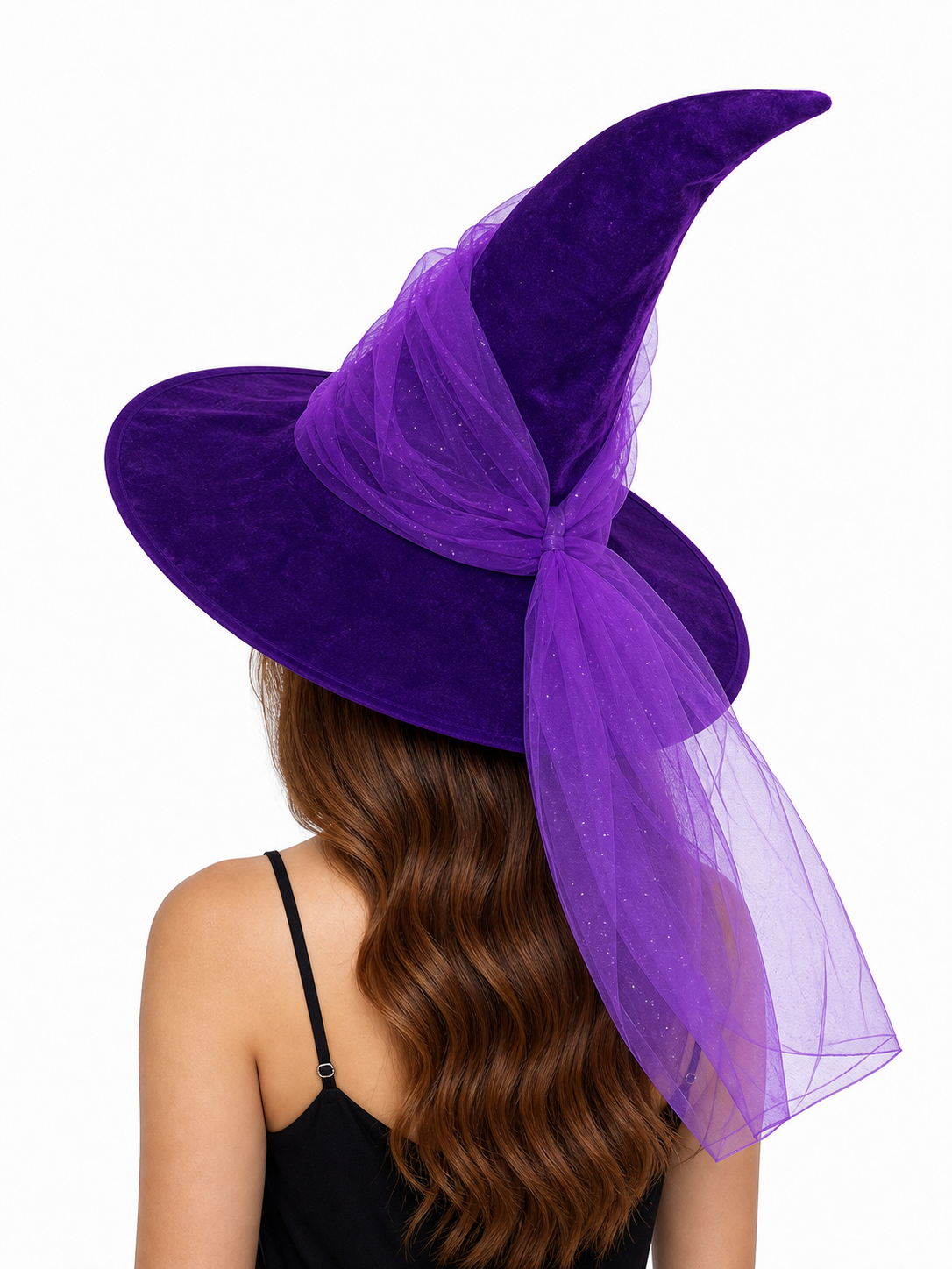 1pc Purple Halloween Witch Hat Wide Brim Crooked Pointed Crown With Sheer Mesh Veil Glitter Detail Costume Accessory
