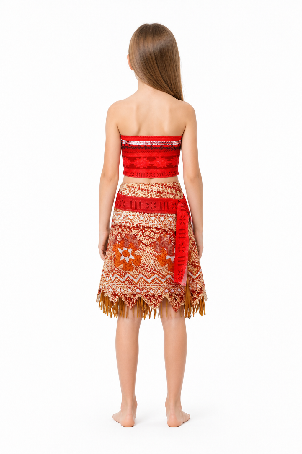 Moana Costume with Red Top and Fringed Skirt back view