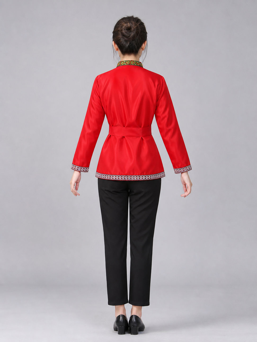 Red Tunic with Ornament, Stand-Up Collar, and Belt