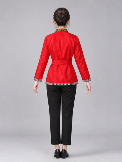 Red Tunic with Ornament, Stand-Up Collar, and Belt