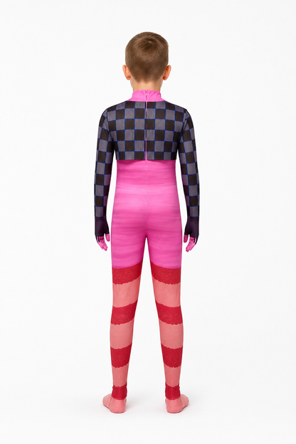 Back view of the pink elephant character jumpsuit showing the checked jacket print and striped legs
