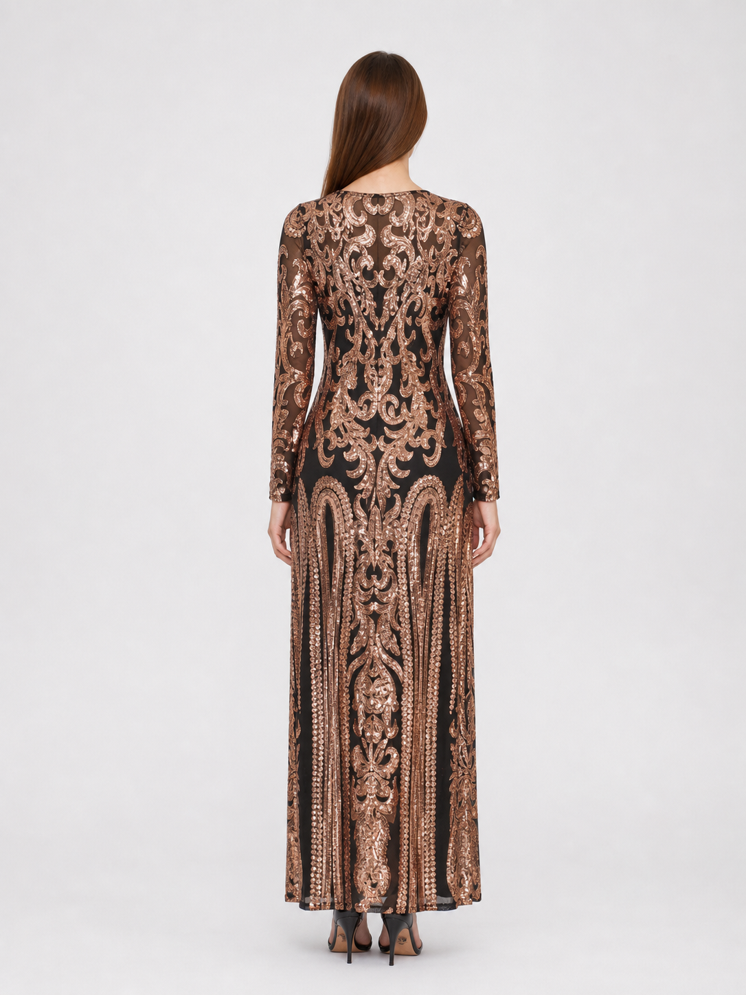 Long Sequin Dress with Sheer Sleeves