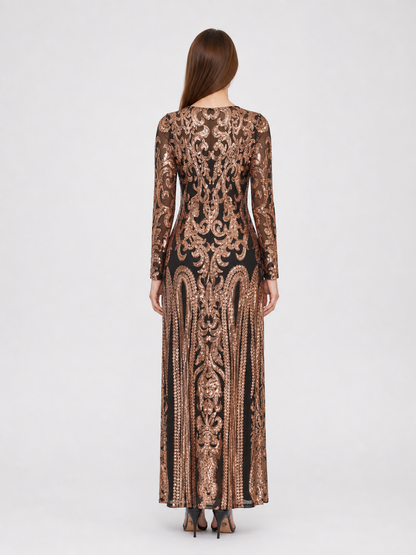 Long Sequin Dress with Sheer Sleeves