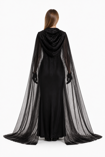 Black Witch Costume with Cape and Gloves back view