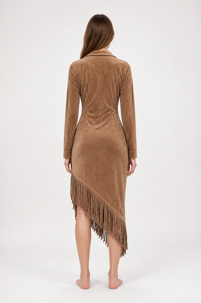 Long-Sleeve Dress with Collar and Fringe back view