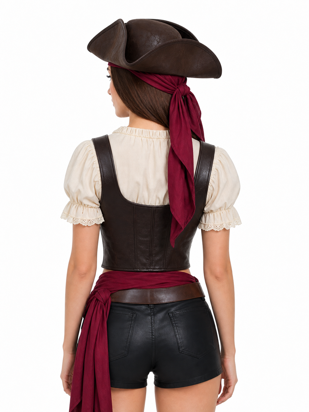 This carnival headpiece is made in a pirate style and is suitable for costume parties, themed events, Halloween, masquerades, stage looks, cosplay, and photo shoots. Its tricorn silhouette, raised curved brims, and dark brown textured surfa