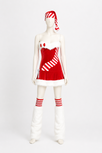Christmas Costume with White Fuzzy Trim and Red-and-White Stripes back view