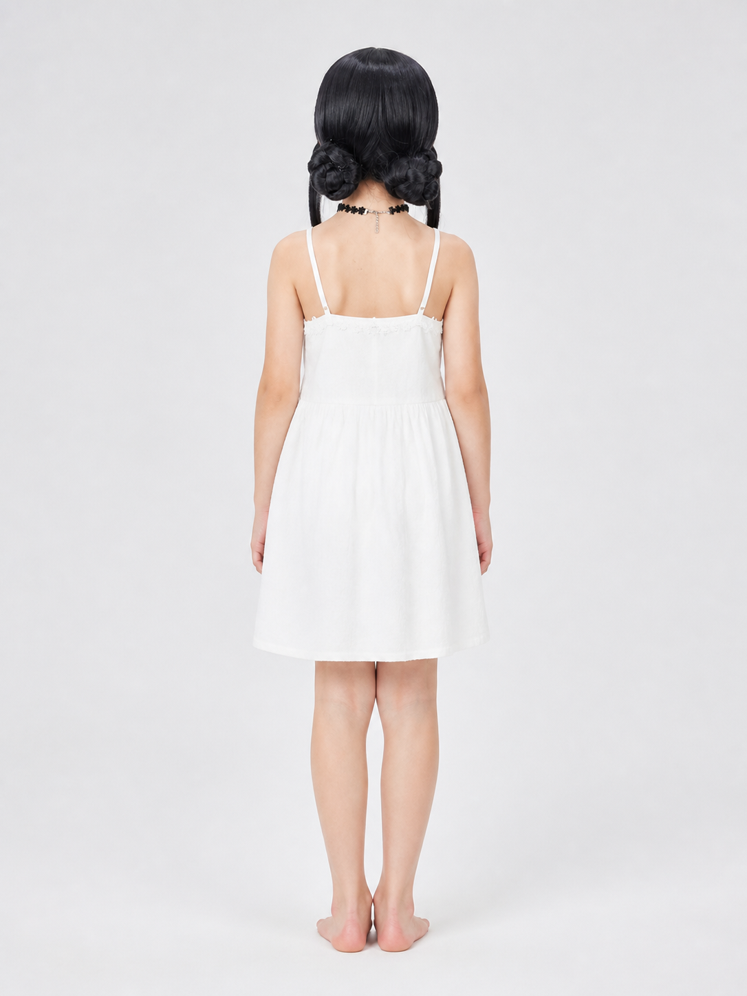 Black Cosplay Wig with Double Buns and Bangs back view