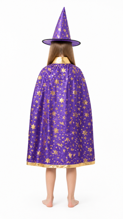 Costume Set with Cape and Hat, Purple with Gold Stars back view